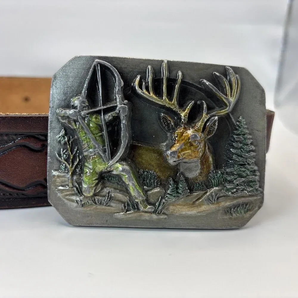 Vintage Bergamot‎ Bowhunter Reward Pewter Belt Buckle Leather Western Tooled USA